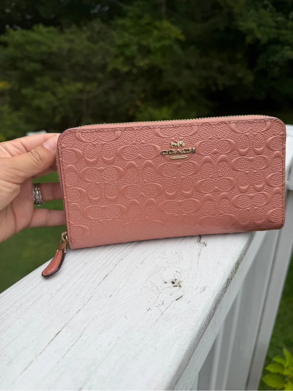 Coach F54805 Accordion Zip Wallet Strawberry Pink Signature Embossed Leather